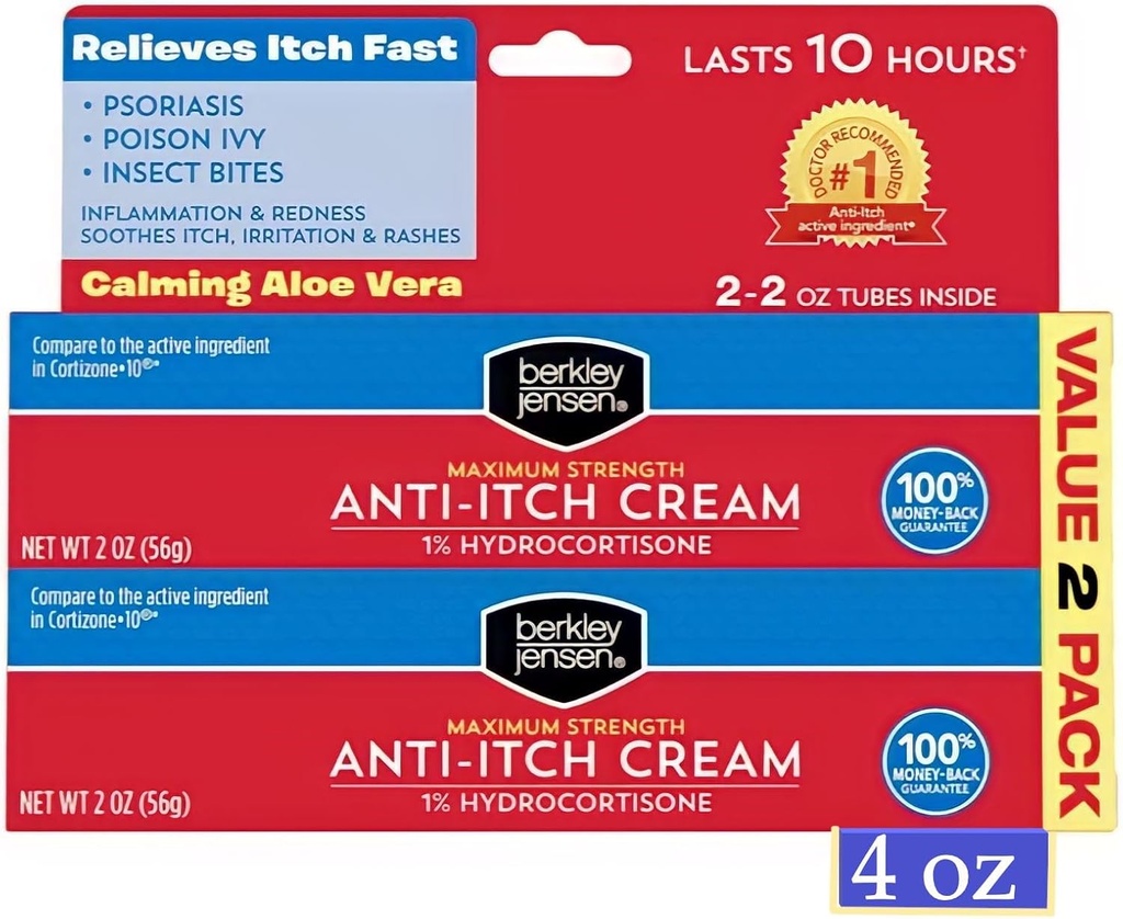 Berkley Jensen Maksymalna moc anty-Itch Cream (4 oz.), z Calming Aloe Vera, 1% Hydrokortyzon Itch Relief dla Eczema, Łuszczyca, Bug Bites, Poison Ivy, Oak i Sumac, 2 oz. Rura (opakowanie 2)
