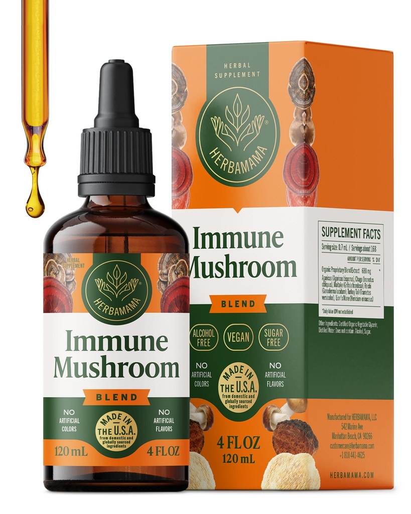 HERBAMAMA Super Immune Mushroom Supplement - Wegan 8- Mushroom Complex Mieszanka z Reishi, Lwie grzyba, Cordyceps & Chaga Extract - Non-GMO, Alcohol-Free, Sugar-Free Immunity Drops, 56- Day Supply
