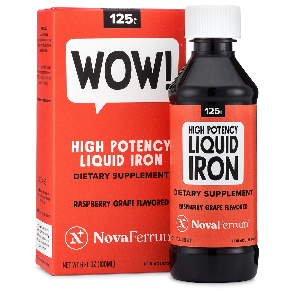 NovaFerrum Wow, 125 Wysoka moc płynny suplement żelaza dla dorosłych, Niedobór żelaza, 125 mg żelaza na dawkę 5 ml, Wegańskie zweryfikowane, Bez glutenu Certyfikowany, Bez cukru