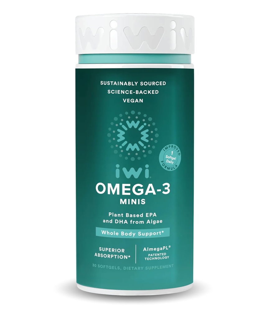 Iwi Omega-3 Mini Softgels (30 Servings), Easy to Swallow, Plant- Based Algae Omega 3 z EPA + DHA, Body Supplement Dietetyczny, Kryll & Fish Oil Alternative, No Fishy Aftertaste