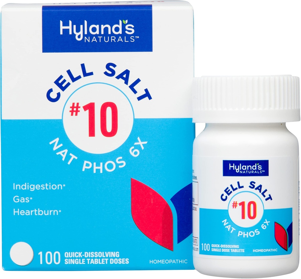 Hyland 's No.10 Salt komórkowy NAT Phos 6X Tablets, Natural Relief of Heartburn, Gaz i Niestrawność, Szybkie rozpuszczenie Tabletów, 100 Count
