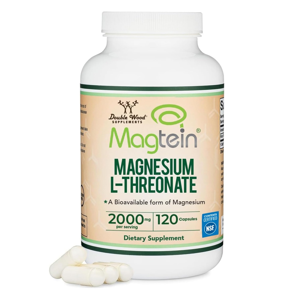 Magnesium L Threonate, Magtein - NSF Certified - Sleep and Cognitive Support – High Absorption – Most Bioavailable Form of Magnesium – 2,000 mg – 120 Capsules