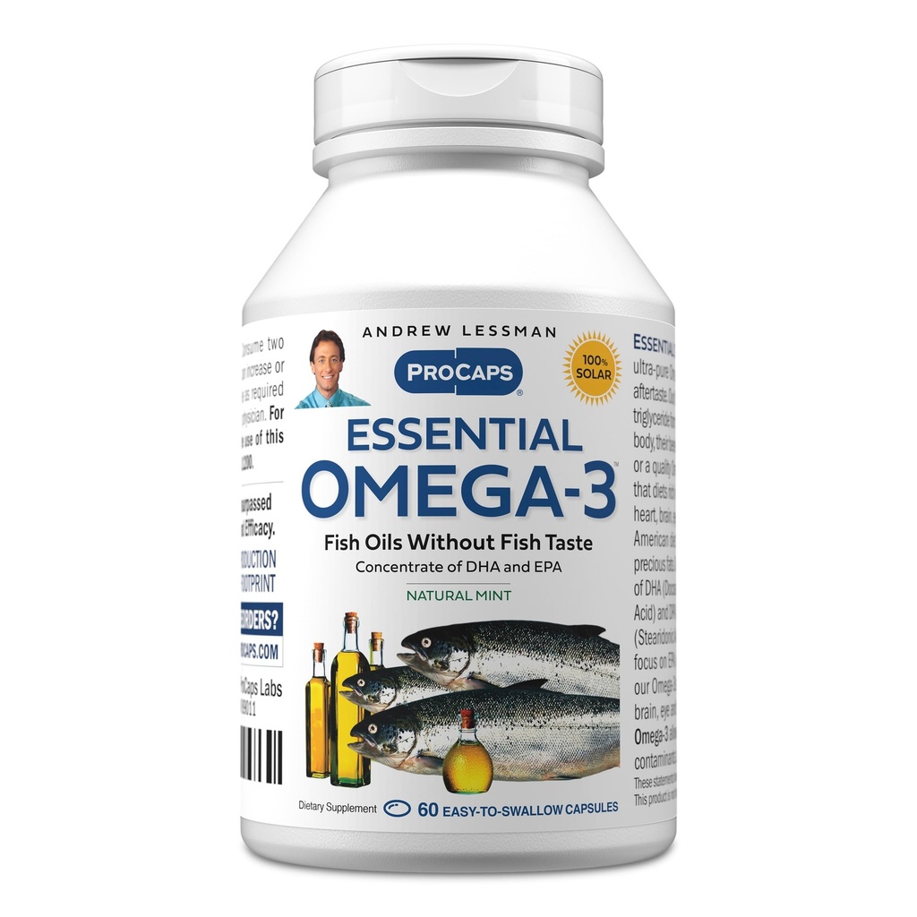 ANDREW LESSMAN Essential Omega-3 Mint - 60 Softgels - Ultra- Pure, High Potency Omega-3 Oils. Wysoka DHA, brak żołądka, brak środków trujących, brak rtęci. Małe łatwe do połykania Softgels