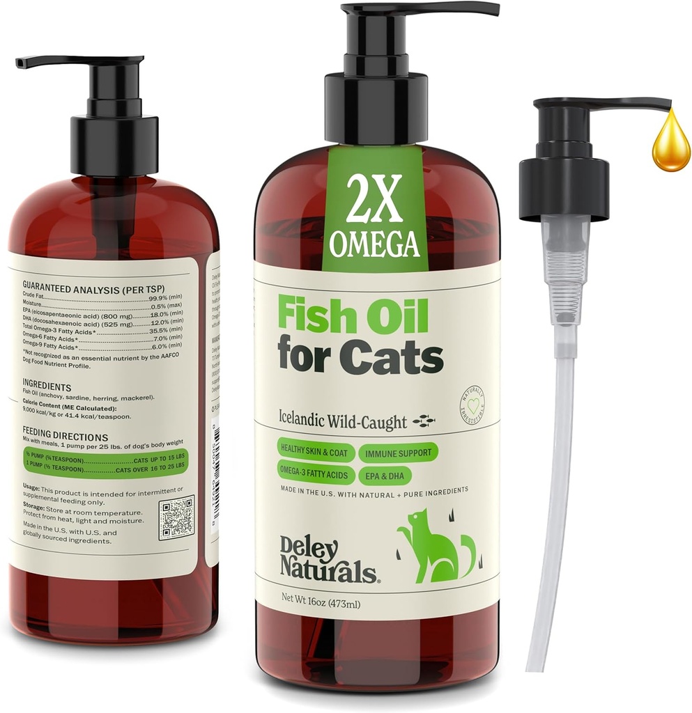 Deley Naturals Wild Caught Fish Oil for Cats with 2X Omega - Cat Fish Oil with Highest EPA & DHA Potency - Omega 3 for Cats for Shedding, Skin, Coat, Joints, Heart and Immune System - Made in The USA