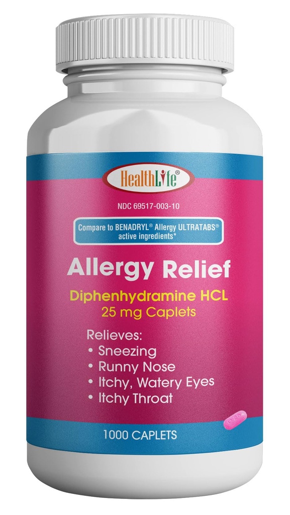 ZDROWIE LFE Alergia Relief, Medycyna Difenhydramina HCl Kaplety, 25 mg 124; Dzieci i dorośli Relief 124; Relieves Sneezing, Nose Runny, objawy gorączki Hay, swędzące oczy i gardła (Duży, 1000 Hrabia)
