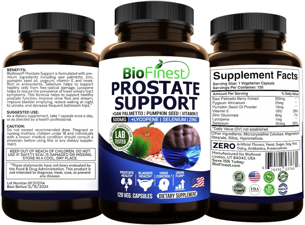 BioFinest Prostate Support for Men - Saw Palmetto Lycopene Pumpkin Seed Pygeum Cynk Selenium - Zdrowy Mocz Płyn Bladder Prostate Suplement Witaminy - Made in USA (120 Veg. kapsułki)