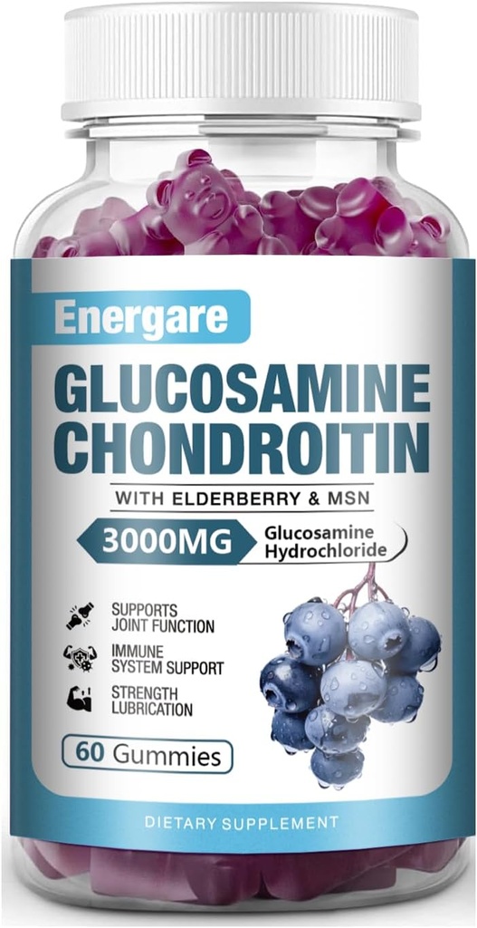 1 Pack 3000mg Glukozamina Chondroitin z Gummies i Elderberry MSM, Extra Siła Joint Support Health, Elastyczność, Przeciwutleniacz, Suplement immunologiczny Gummy dla dorosłych, Mężczyźni i kobiety 60 Counts
