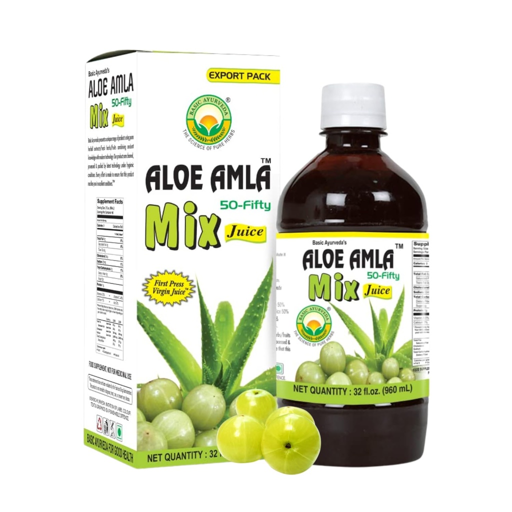 Basic Ayurveda Aloe Amla Mix Sok 124; Mieszanka Aloe Vera & Amla Fruit 124; Pierwsza Prasa Sok dziewiczy 124; Plant- Based Daily Drink 124; Vegan & Non-GMO Drink 124; 32.46 Fl Oz (960ml)