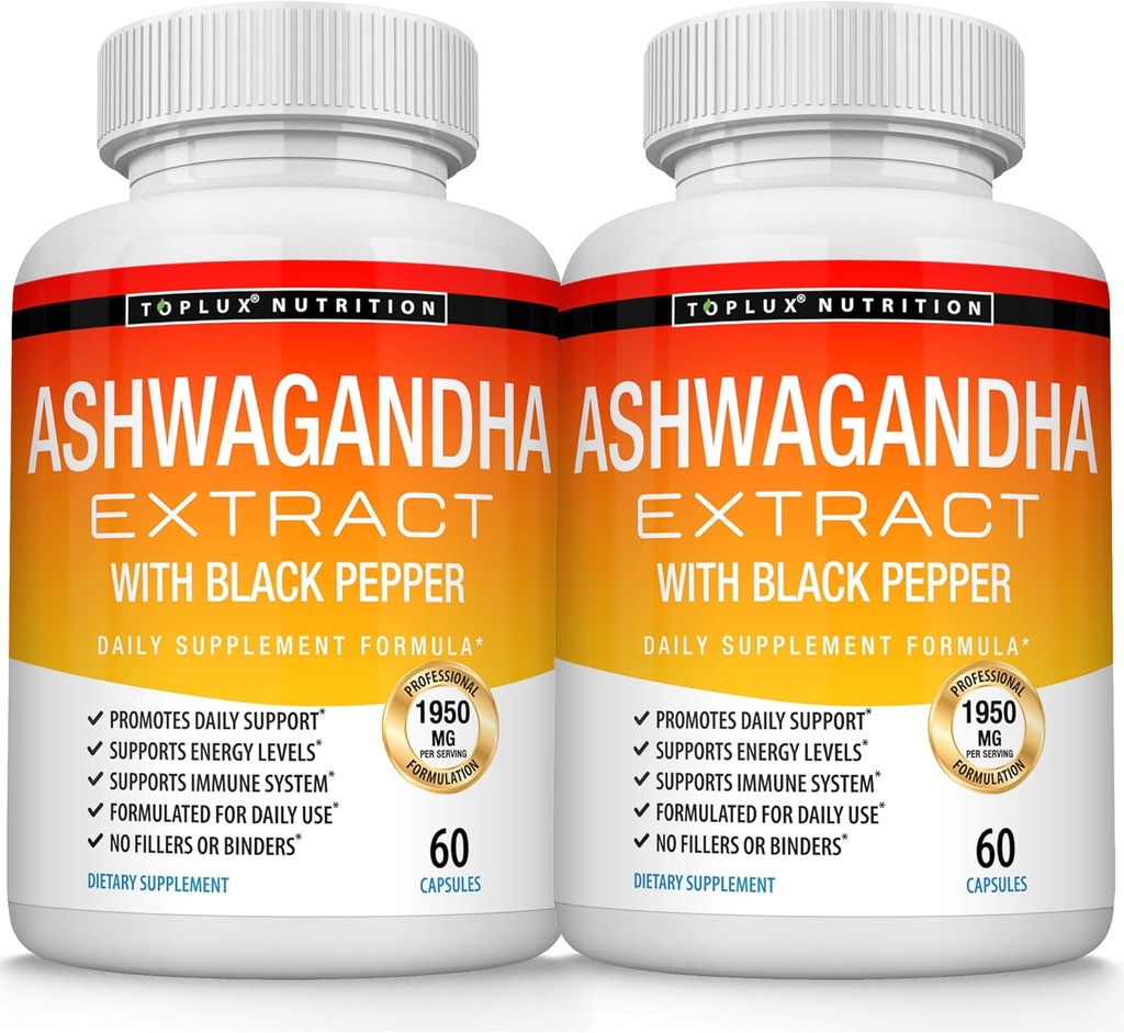 Organiczny Ashwagandha Pigułki proszku korzennego 1950 Mg z ekstraktem Black Pepper - Pure Natural Ashwagandha Suplement, Wsparcie energii, dla mężczyzn Kobiety, 60 Kapsułki