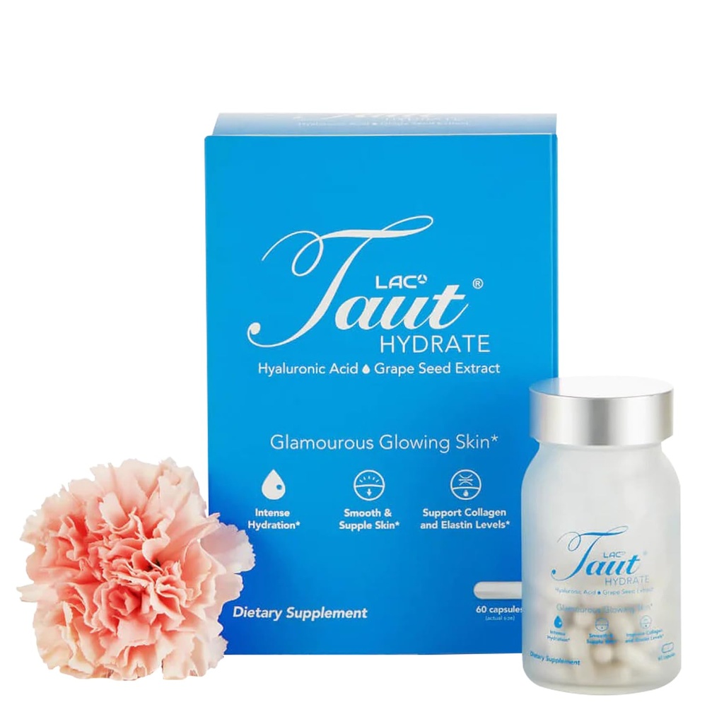Hydrate Taut Hyaluronic Acid Supplement - 120 mg Vegan Capsules with Grape Seed Extract - Deep Skin Hydration, Glooth Grinkles & Glow Support - Colagen & Anti- Aging Supplement for Women & Men- 60 Caps