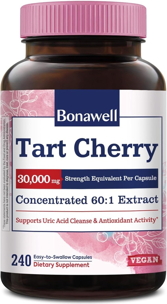 Bonawell Tart Cherry 60: 1 Extract, 30000mg Siła, Made from Montmorency Tart Wiśnie, Potężne oczyszczenie kwasu moczowego, 8 Miesiąc dostaw, 240 Kapsułki