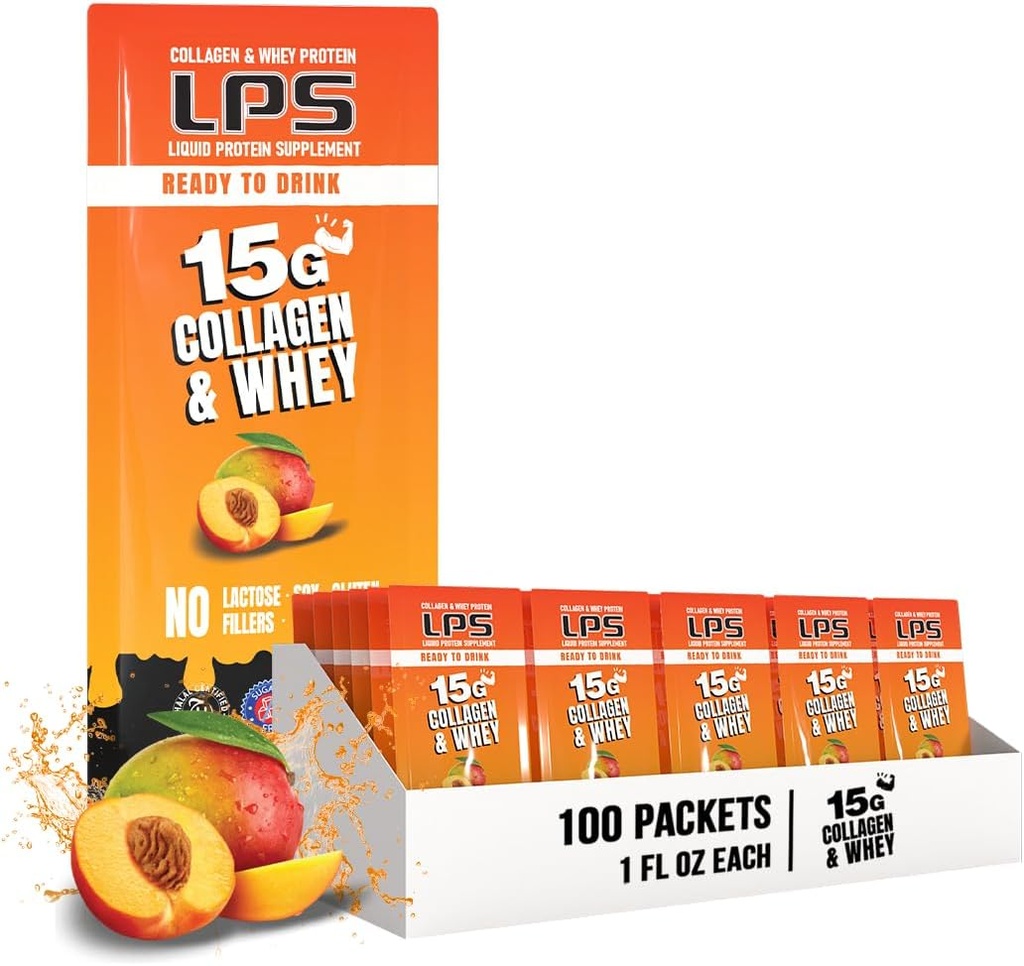 Nutritional Designs LPS Liquid Collagen & Serwatka suplement protein - Napoje niezawierające GMO, Bezcukrowe - Promotes Healthy Skin & Hair for Men & Women, Peach Mango, Single Serve (100 pakietów)