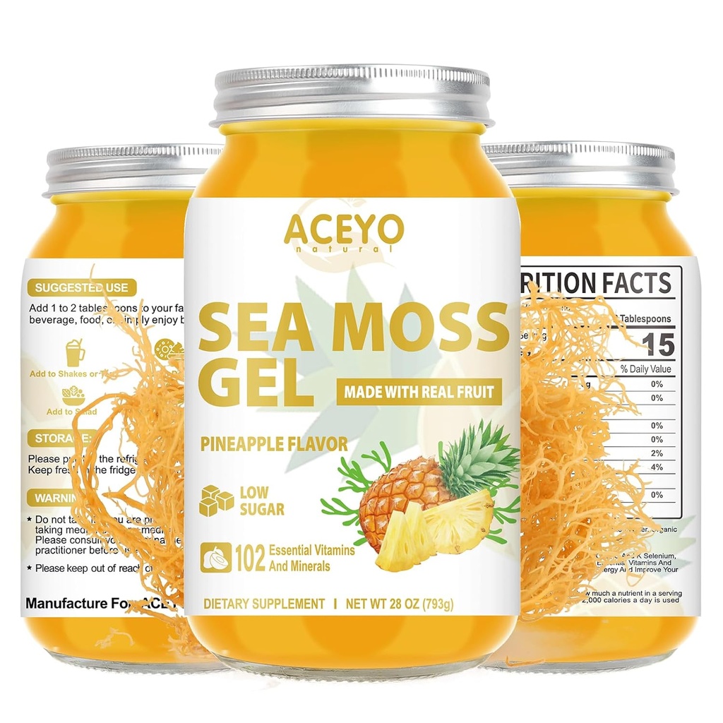 (28 OZ) Sea Moss Gel Raw Flavored Irish Seamoss Gel Natural Vegan Ananas 102 Vitamin and Minerals Wild Hardered Non-GMO.