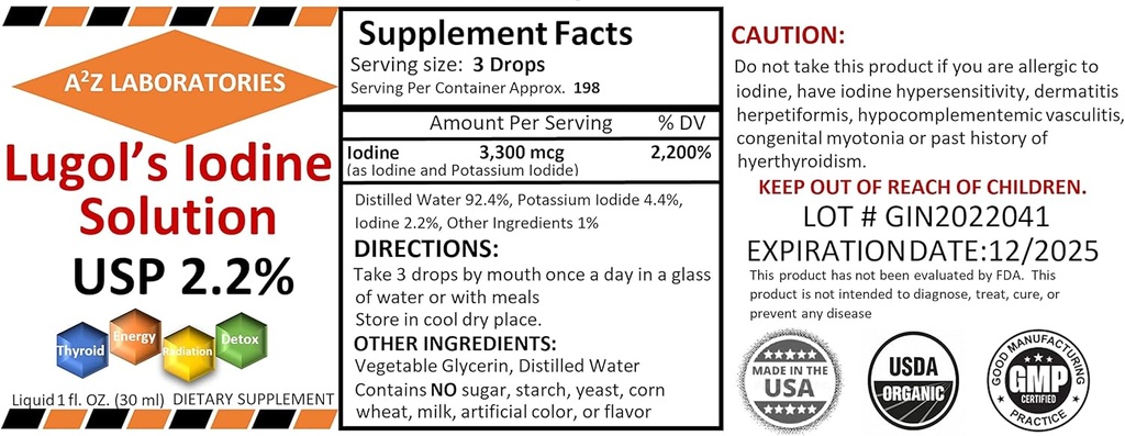 Generic A2Z Organic Logol jod i jodek potasu 2,0% Roztwór, 1 Fl Oz - Płynny suplement krople do wsparcia tarczycy, Detox, Metabolizm, Made in USA