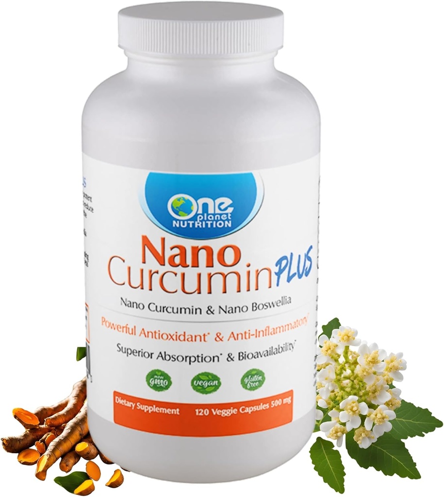 One Planet Nutrition Nano Curcumin Plus 500 mg Kapsułki wegetariańskie (240 Servings), Nano Curcumin z Boswellia do wysokiej absorpcji, Wspiera wspólne i immunologiczne zdrowie, Non-GMO, Wegan, Gluten- Free