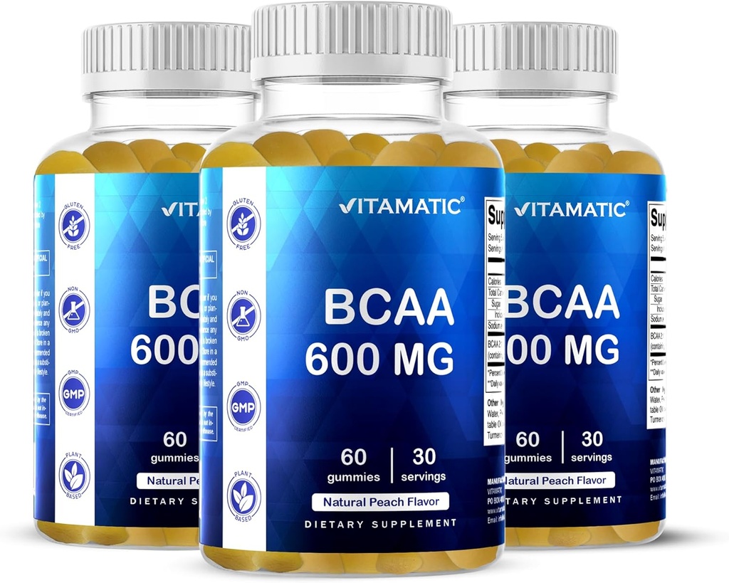 Gumki BCAA Vitamatic - Branch Chain Amino Acid Supplements - Peach Flavor - 600mg na jedną porcję - 60 żelek pektynowych (3 butelki)