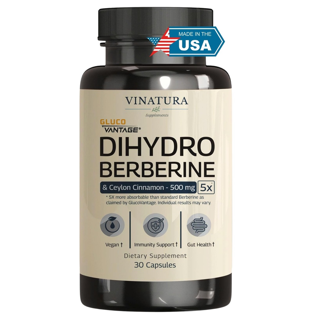 VINATURA Dihydroberberine Suplement z Ceylon Cynamon, 500mg - (Opatentowany GlucoVantage Super Berberine), Może Berberine 5X Więcej absorbowalny - 30 Kapsułki