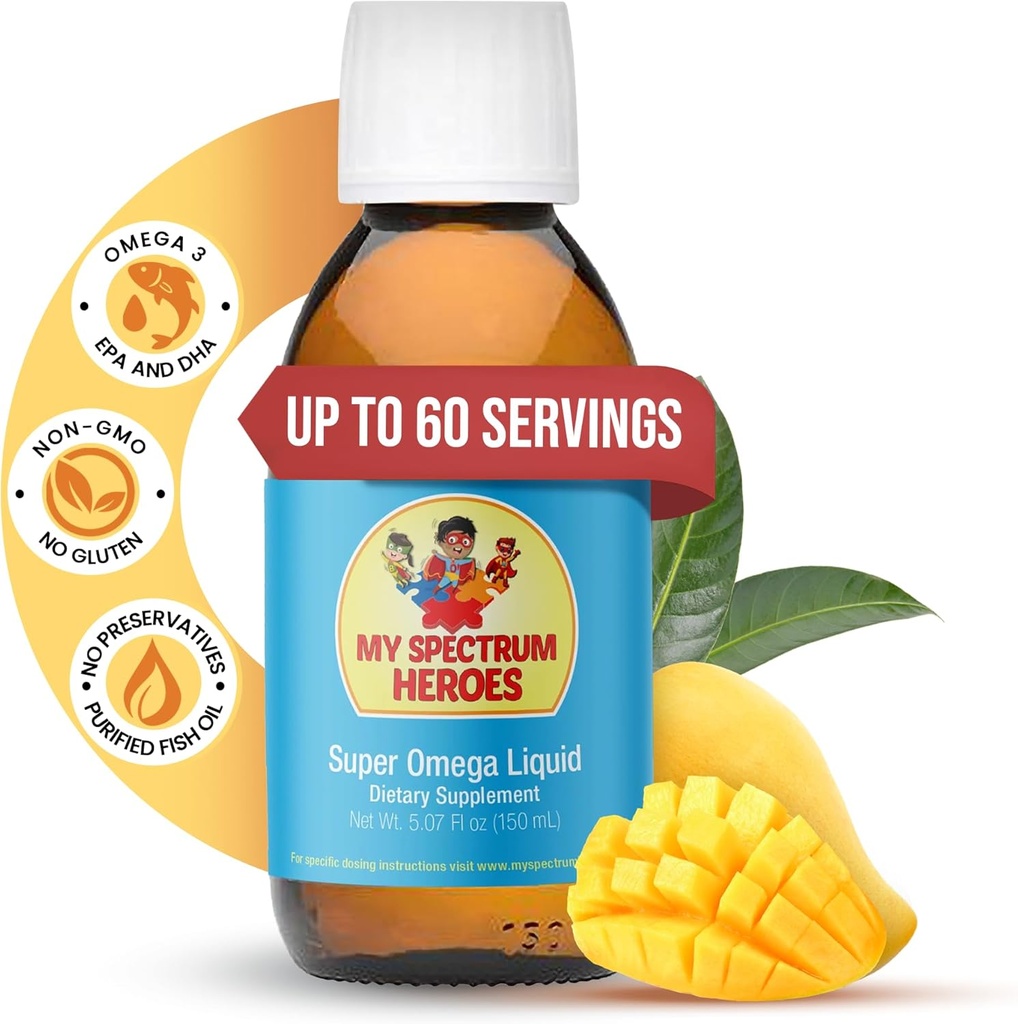 Mój Spectrum Heroes Fish Oil Supplement for Children - Omega 3 for Neural Assistance, Inflatimate & Immune Aid - EPA & DHA for Brain & Eye Health - Kids & Adult Liquid Supplement - 5.07oz (150ml)