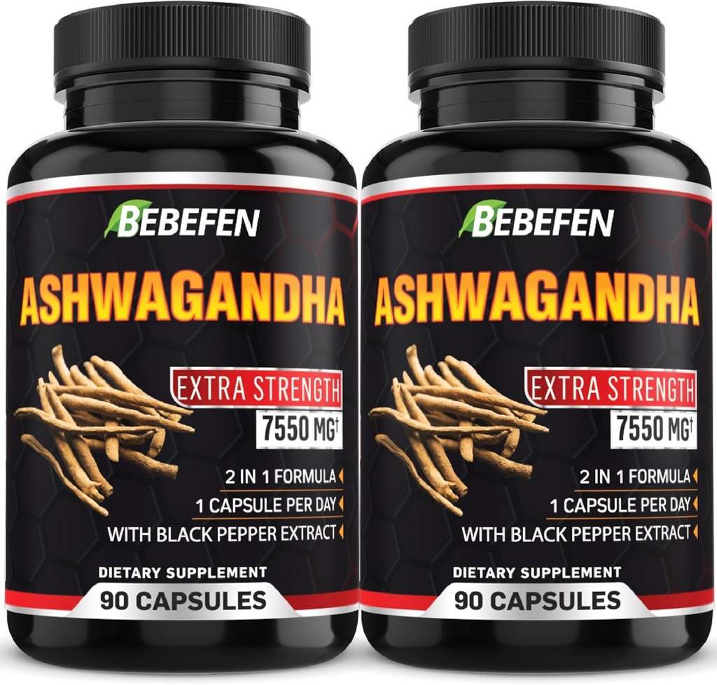 BEELES EN Ashwagandha kapsułki - 7550mg formuła tabletki z Black Pepper Extract - 90 kapsułki Ashwagandha Suplement dla Wsparcia Energetycznego - 3 Miesiąc dostawy (Opakowanie 2)