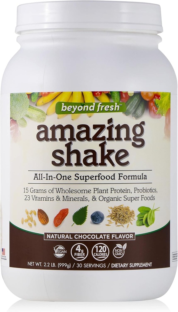Poza Fresh Amazing Shake, Superfood Formuła, Białko roślinne oparte, węglowodany niskonetto, Białko pełnospożywcze, Mączka Zamiennik, Natural Chocolate Flavor, 999 Grams, Biały