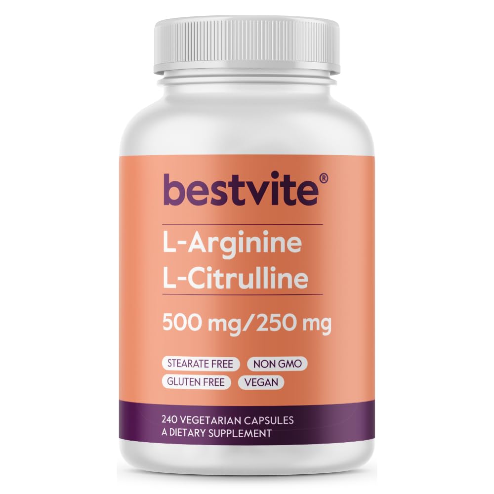 BESTVITE L- Arginine L- Citruline 500mg / 250mg Vegan (240 Kapsułki wegetariańskie) - No Stearates - No Dicalcium Phosfate - Non GMO - Gluten Free