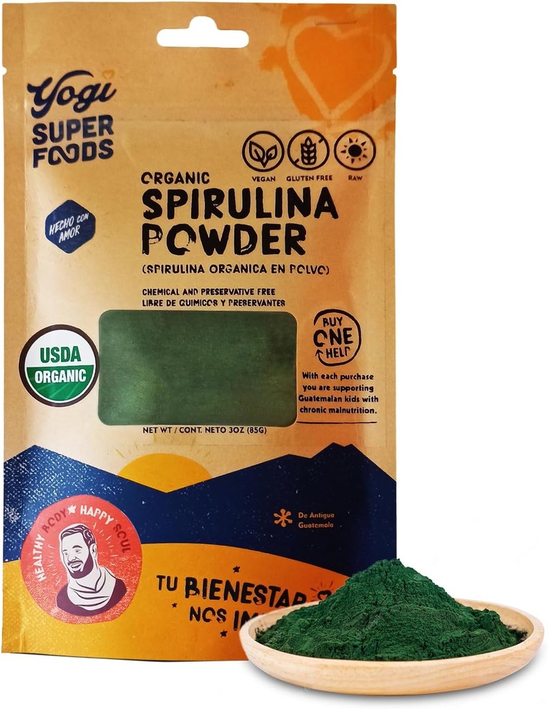 Yogi Super Foods Natural Organic Spirulina Powder, Blue Green Algae Powder, Przyroda Superfood pomaga utrzymać zdrowy system immunologiczny, Brak chemikaliów lub środków konserwujących - Surowy, Wegan