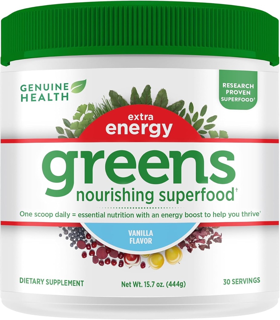 Oryginalne zdrowie Zielone + Dodatkowa energia Superfood Proszek, Zapewnia natychmiastową energię Boost & wspomaga zdrowie Gut, Vanilla Flavored, 30 Służenia