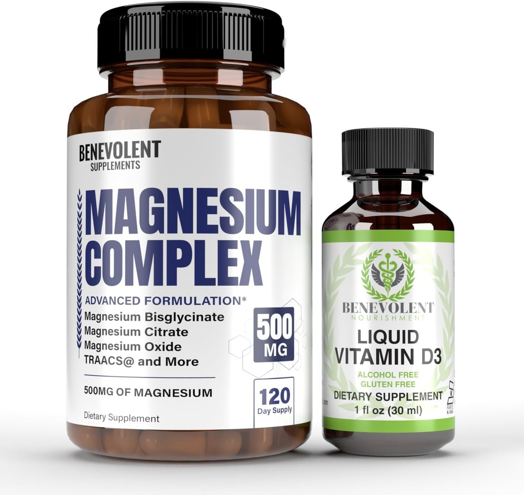 Kompleks magnezu z 5 Najlepszymi Formami i Cieczą Witamina D3 5000 IU Bundle - 4 Miesiące Dostawy 500mg Magnezu Glicynian, Tlenek, Taurate, Chelate, Magnezu Cytrate - Sen & Wsparcie immunologiczne