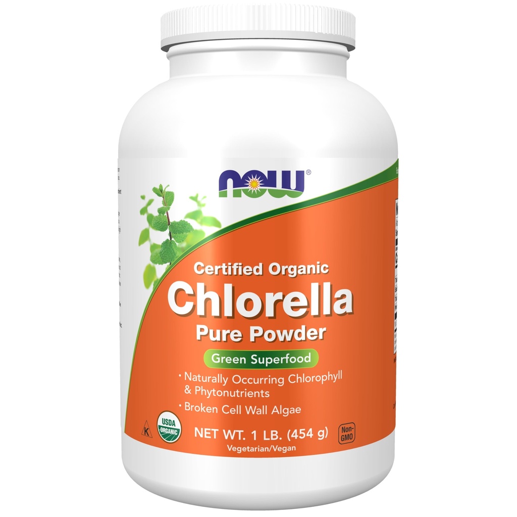 Teraz żywności Suplementy, Organic Chlorella Proszek z naturalnie występującym chlorofilem, beta- karotenem, mieszanymi karotenoidami, witaminą C, żelazem i białkiem, 1-funt