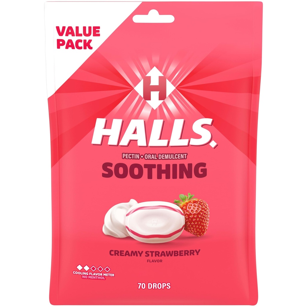 HALLS Throat Soothing (Poprzednio HALLS Breezers) Creamy Strawberry Throat Drops, Economy Pack, 70 Drops