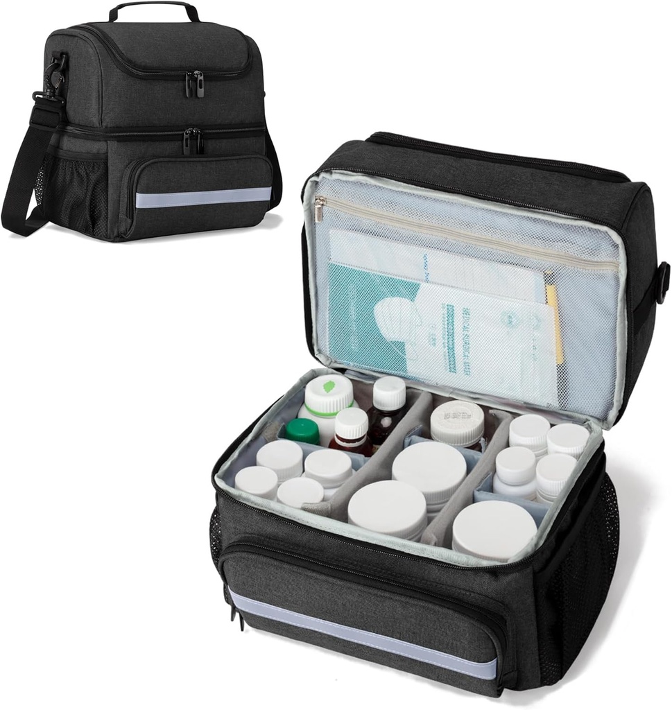 CURMIO Medicine Storage Bag, Double Layers Pill Bottle Organizer with Inner Dividers for Medication, Vitamin, Butelki na receptę, Dostawy medyczne, Czarny (Projekt patentu)