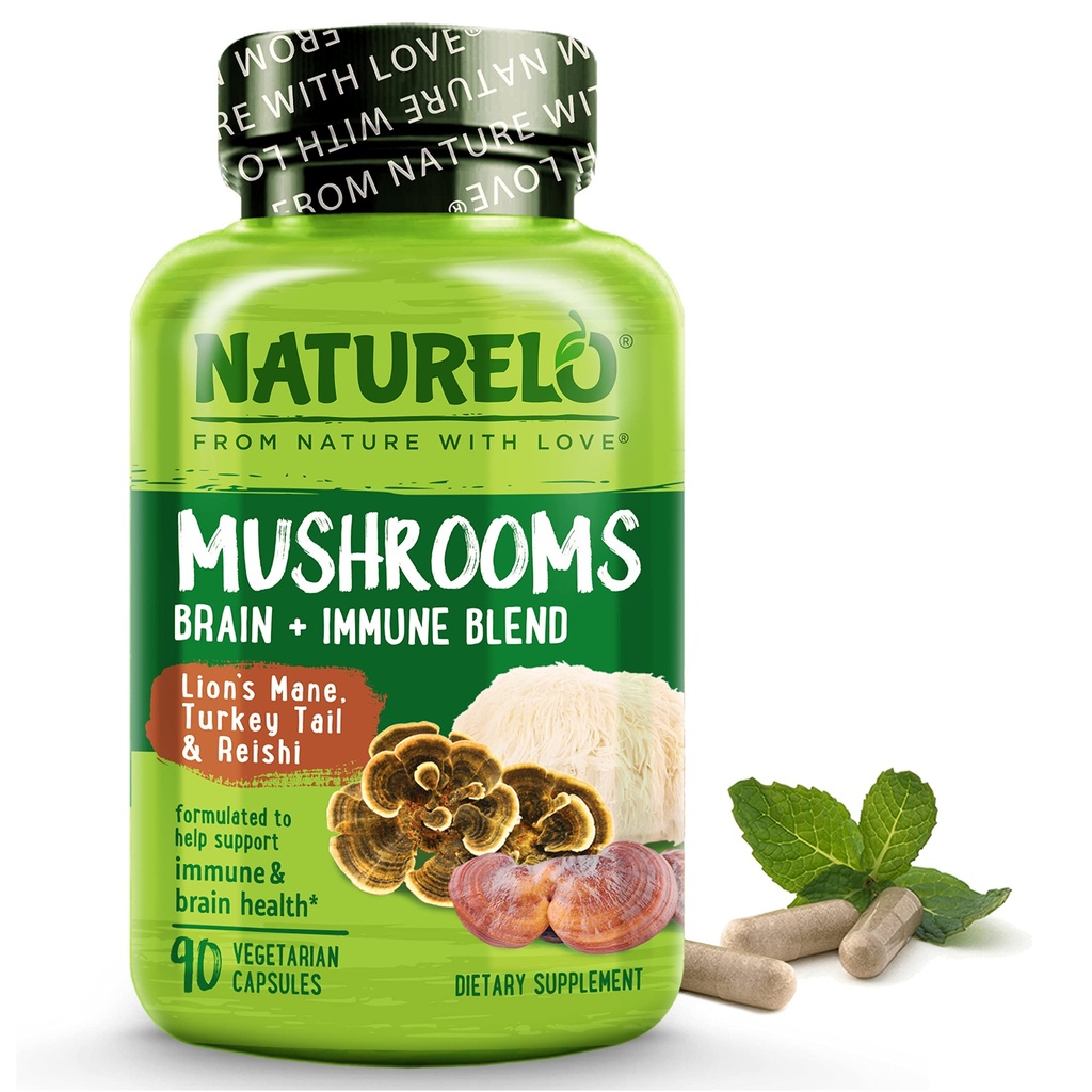 NATURELO Mushroom Supplement Brain & Imimmunological Health Blend with Lion s Mane, Reishi, Turcja Tail 90 Vegan Friendly kapsułki