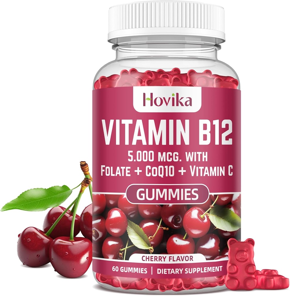 Witamina B12 Kompleks 5000 µg metylu B12, Adenosyl B12 & Hydroxy B12, z koenzym Q10, folianem, Witaminą C, Żucie B 12 do wspomagania energii, Metabolizm, Zdrowie Kości - Flavor wiśniowy