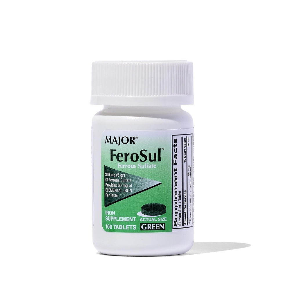 Major Ferosul - Żelaza siarczan 325 mg Tabletki z 65mg Żelaza elementarnego - Żelaza Suplement dla Kobiet, Mężczyźni - Zielony - 100 Hrabia