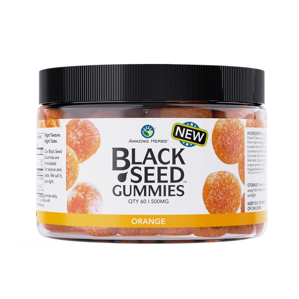 Niesamowite zioła Organic Black Seed Gummies - 500mg na serwowanie, Cold Pressed Black Cmin Seed, Made with Nigella Sativa, Pomaga zwiększyć odporność, Wspiera zdrową trawienie - Pomarańczowy Flavor 60 Count