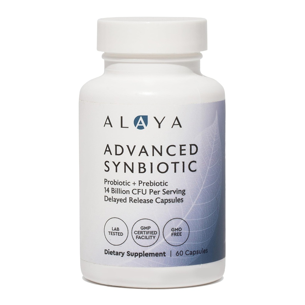 Alaya Naturals Advanced Synbiotic - Probiotic + Prebiotic - 14 Miliard CFU Opóźnione uwolnienie suplement probiotyczny z Prebiotyki z Sunfiber ®, i L-glutamina dla Gut Lining Integraty - 60 Kapsułki