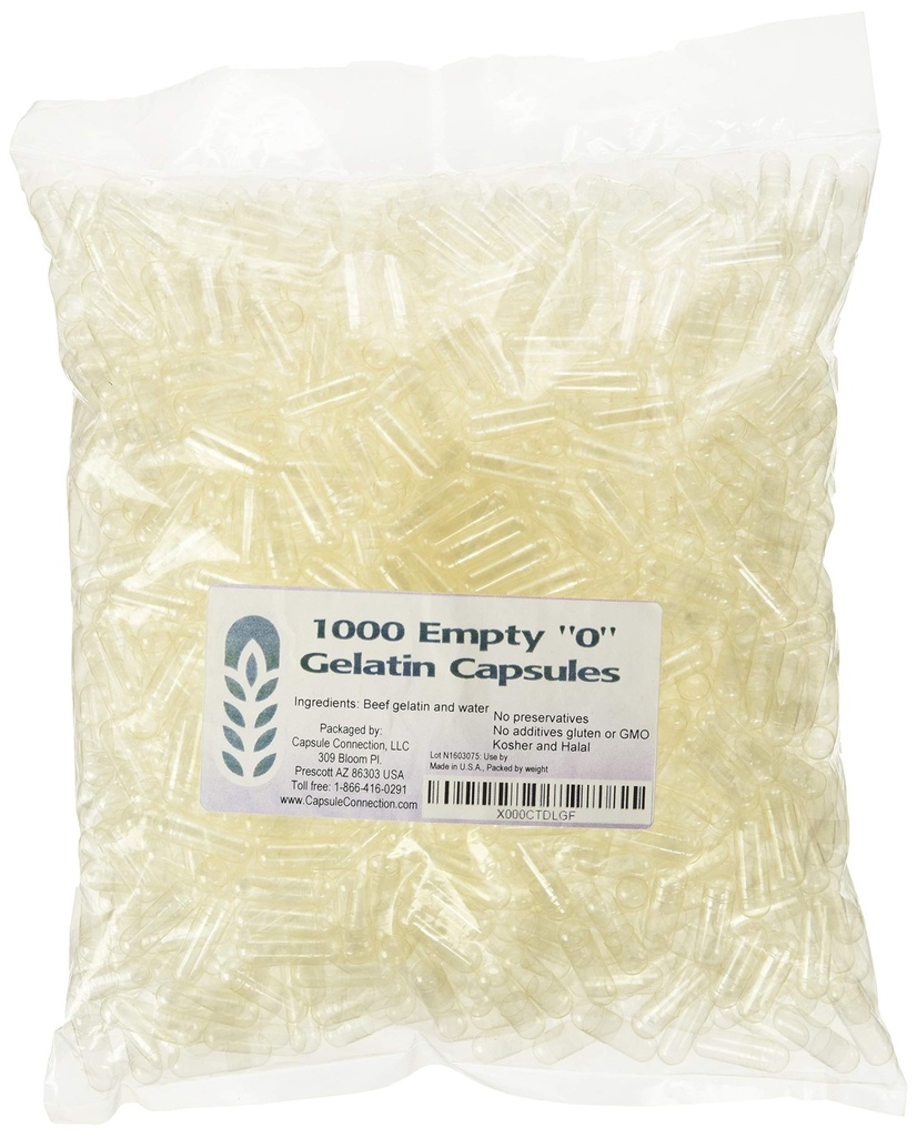 Kapsułka Połączenie 1000 luzem "0" Puste kapsułki żelatynowe, USA- wykonane, resealable torby
