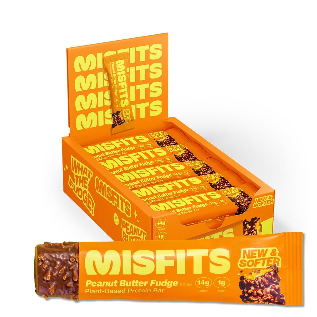 Misfits Wegan Protein Bars, Masło orzechowe Fudge - Aktualizacja przepisu 124; Roślina oparta, niski cukier & Carb, Wysokie przekąski fiber 124; Opakowanie po 15