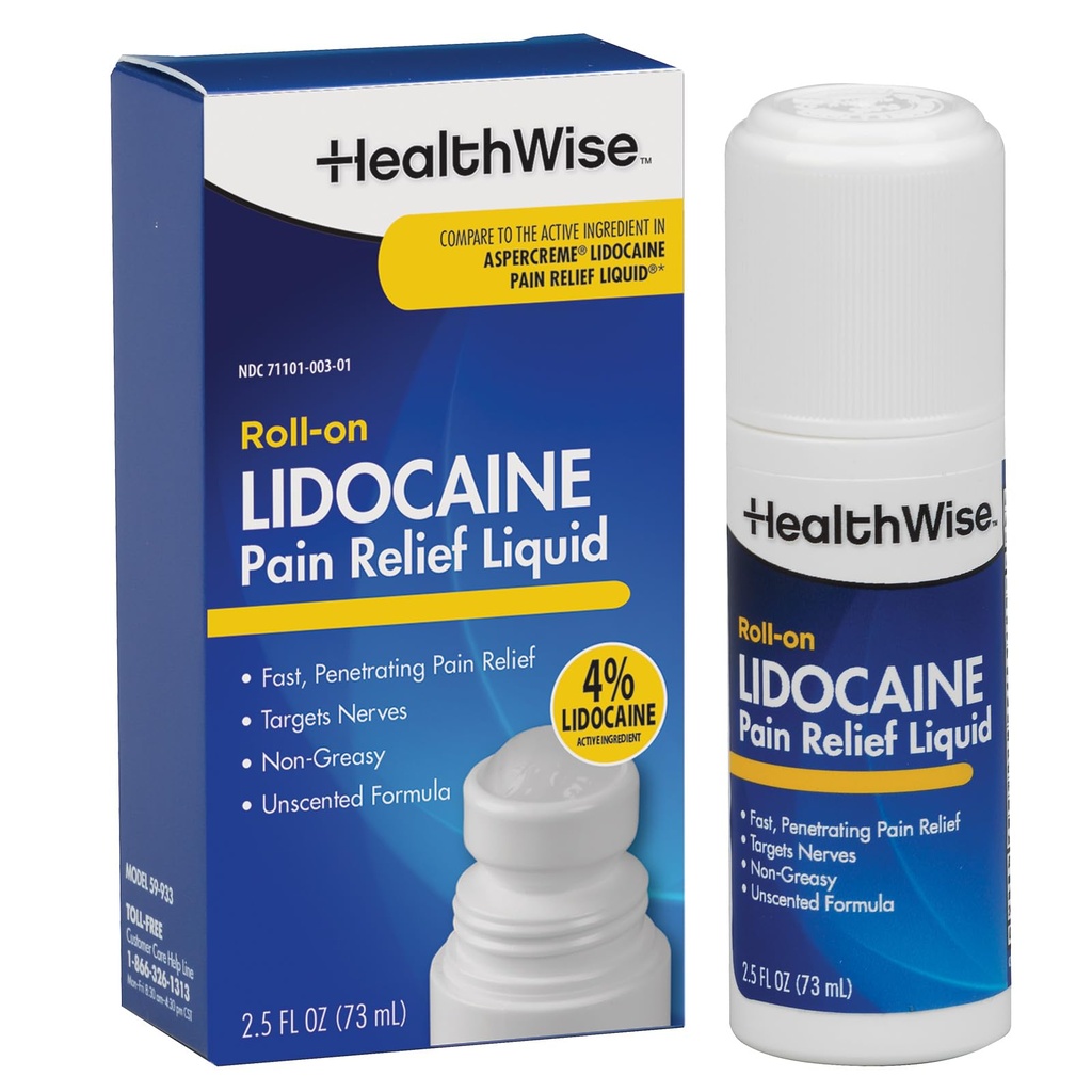 HealthWise 4% Lidokaina Roll- On XI124; OTC Siła 124; Ból Relief Liquid XI124; 2.5 oz. 73 ml XI124; Non- Greasy, Unscented Formula XI124; Tematyczne anestetyczne