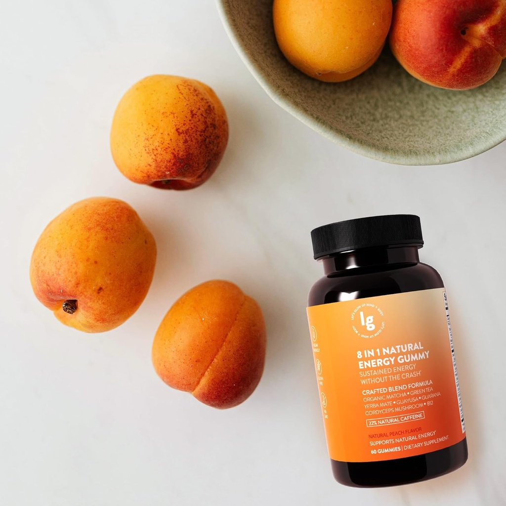 8- in-1 Gumiaki Naturalnej Energii - Witamina B12, C, Kofeina, Multivitamin + Sleep & Focus Support - Wegańskie Żaby Energetyczne dla mężczyzn i kobiet - Peach Flavor - 60 Ct