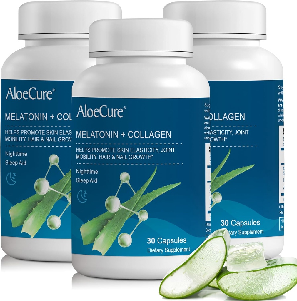 AloeCure Natural Melatonin + Kolagen z organicznym Aloe Vera - Natural Seep Aid Supplement for Restful Nights - Kolagen Complex for Joint Strength, Elastyczność skóry, Wzrost włosów i paznokci, 30 Kapsułki