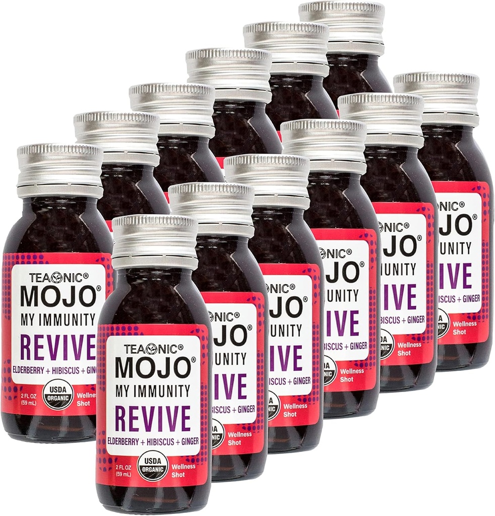 TEAONIC My Immunitet Mojo: Revive, Sok ziołowy, Ziołowy Suplement z Elderberry, Hibiscus i Ginger, USDA- Certified Organic, Wegan, Gluten- Free, 12 Opakowania, 2 Fl. Oz Każdy