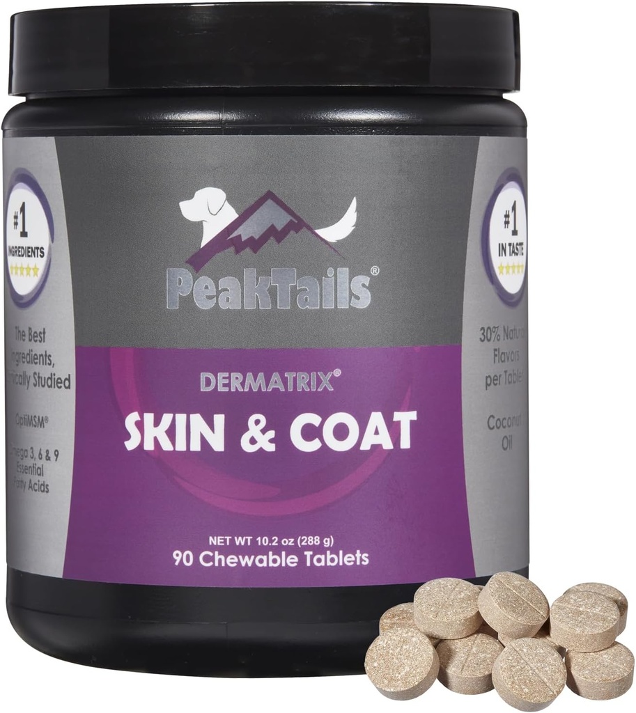 Kala Health PeakTails Skin & Coat Support for Dogs - 90 Tabletki do żucia z MSM, Olej rybny, Omega-3 & Omega- 6 - Wspiera zdrową skórę, Shiny Coat