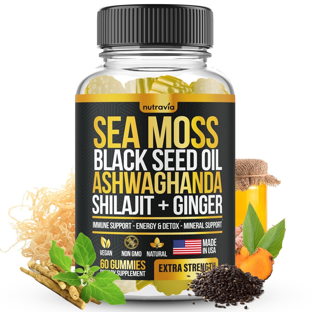 Sea Moss, Black Seed Oil, Ashwagandha, Ginger, Shilajit Gummies z Elderberry, Chlorophyll, Turmeric Bladderwrack Sea Moss Gummies Advanced Strength Formula - Wszystko w 1 Bundle - USA Made (60 Gummies)