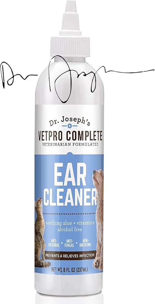 VetPro Complete Dr. Joseph 's Dog Ear Cleaner, 8 Ounces, Delikatny pies i kot Rinse Rush Solution Wash z Aloe Vera i Witamina E, Dog Ear Drops do usunięcia wosku i zanieczyszczeń, Redukuje zapach, Łatwy Wnioskodawca