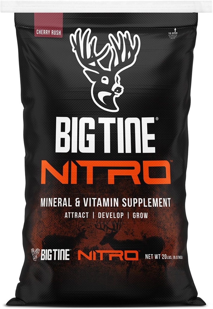 Big Tine Nitro, Suplement jelenia, 20 lbs Bag, Cherry Rush Scent, Potężny i długotrwały Scent, Wysoka Biodostępność, Pakowane z witamin i minerałów