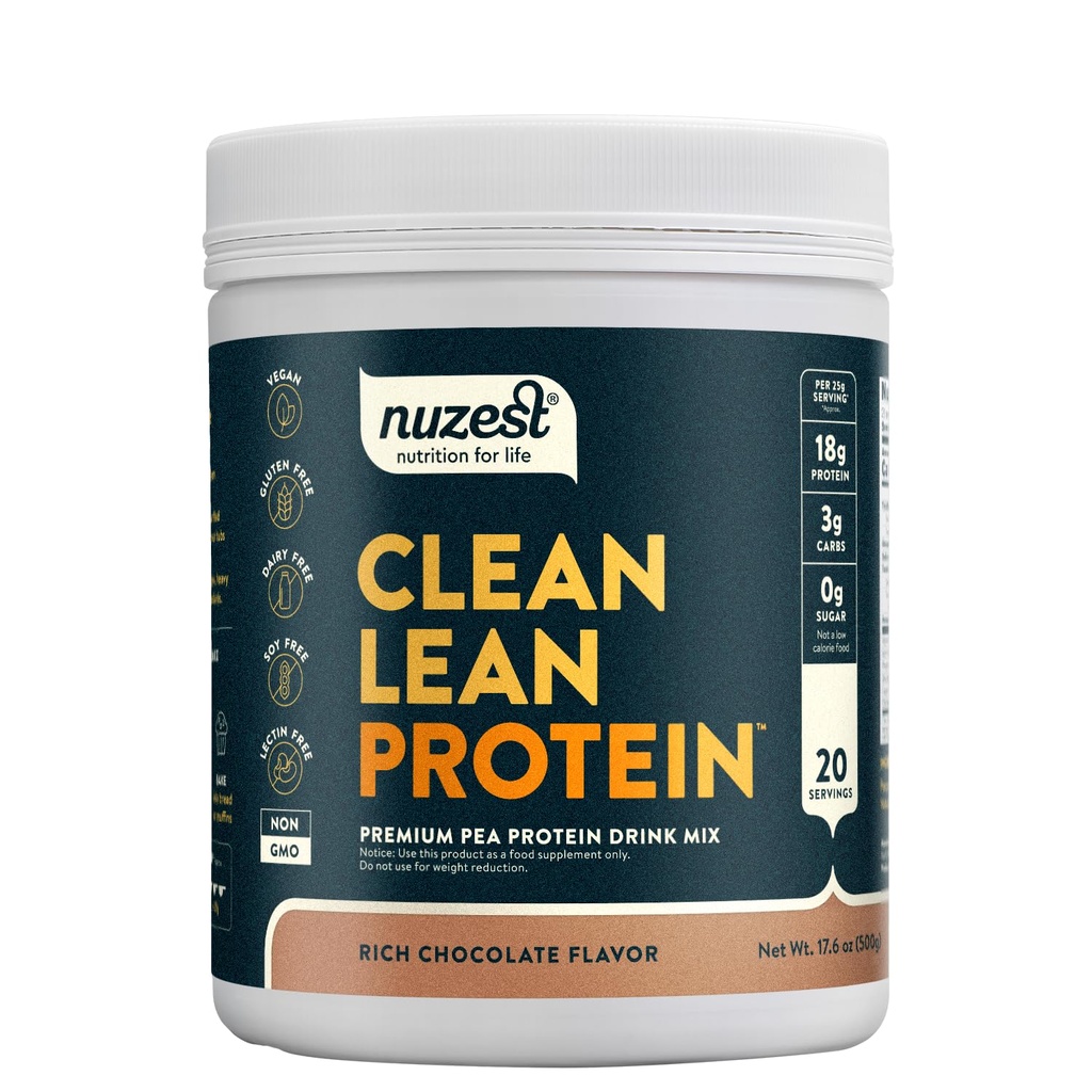 Nuzest - Proszek z protein grochowych - Białko czystej chudej skóry, Proszek z białka bazującego na roślinach wegetariańskich Premium, Bezmleczny, Bez glutenu, Bez GMO, Wstrząs proteinowy, Bogata Czekolada, 20 Słupki, 1.1 lb