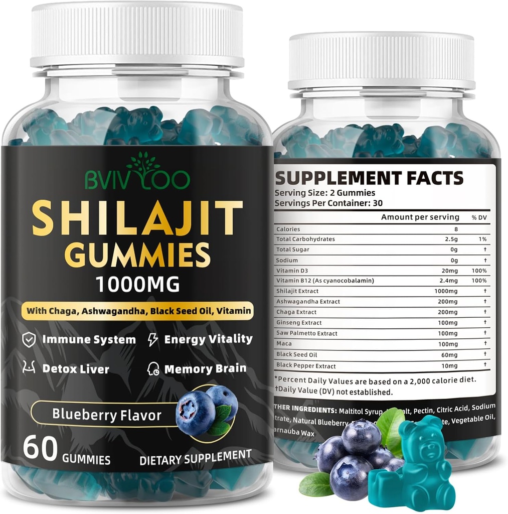 Gumie Shilajit dla mężczyzn i kobiet - Suplement Shilajit bez cukru Bogaty w 85 + Minerały śladowe & Kwas Fulvic, Zapewnianie energii, Mózg i Immunitet Wsparcie - 60 Gummies
