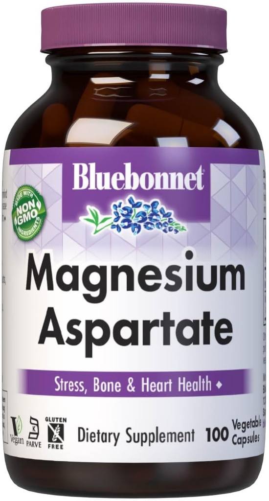 Bluebonnet Nutrition Magnezu Asparagate, Stress Relief *, Bone Health *, Heart Health *, Non-GMO, Vegan, Kosher Certified, Gluten- Free, Soy- Free, Dairy- Free, 100 Kapsułki roślinne, 50 Służenie