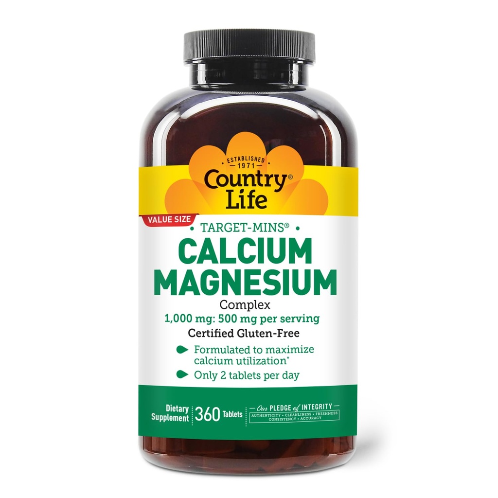 Country Life Target- Mins Wapnia Magnezu Suplement do Zdrowia Kości, 1000mg Wapnia, 500mg Magnezu, Gluten Free, 2: 1 Stosunek do optymalnego wykorzystania